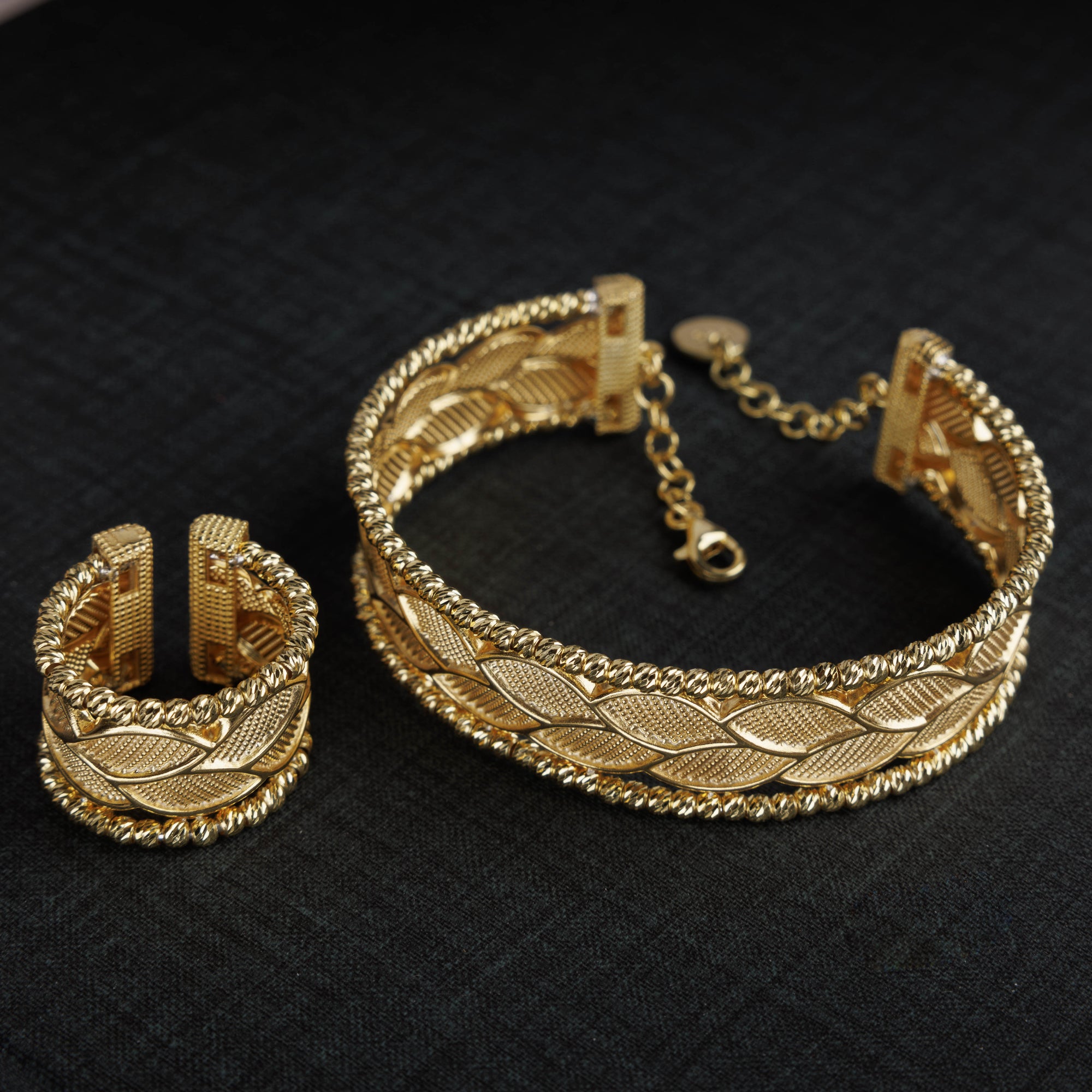 Gold Plated Cuff Bracelet & Ring (D24) - Silver 925