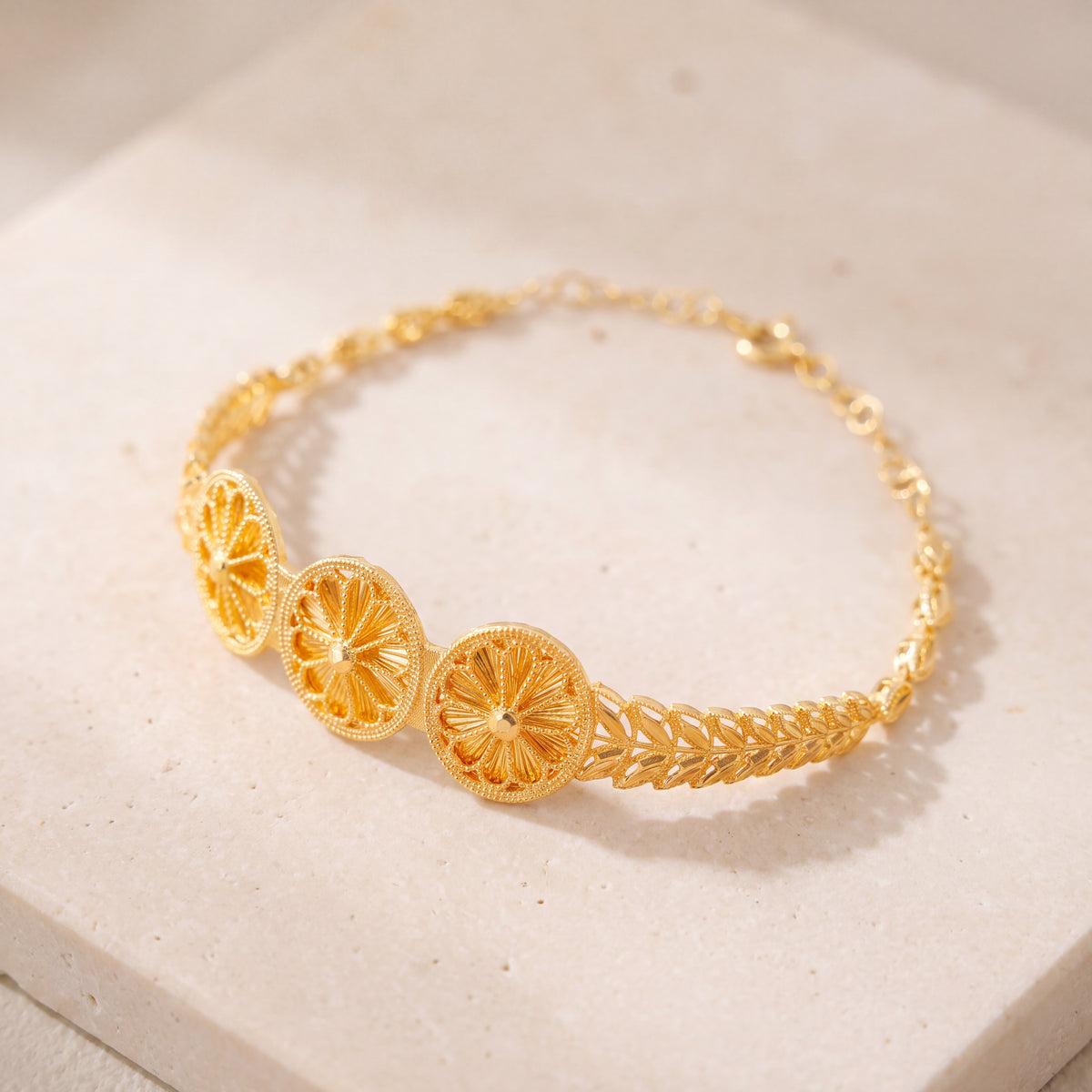 Diamond Cut Circle Cuff Bracelet (D3) on travertine