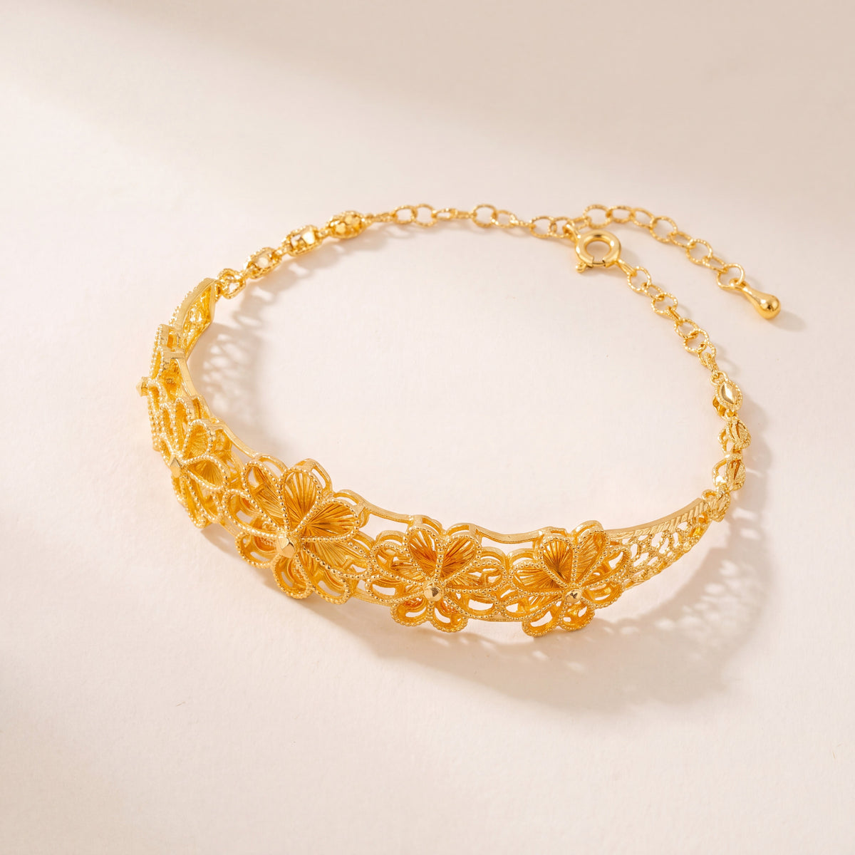Diamond Cut Flower Cuff Bracelet (D1), 925 silver 24K gold plated