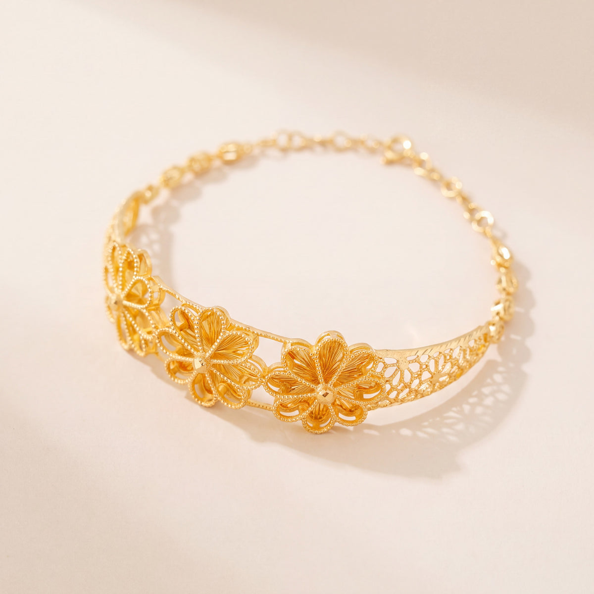 Diamond Cut Flower Cuff Bracelet (D2), 925 silver 24K gold plated