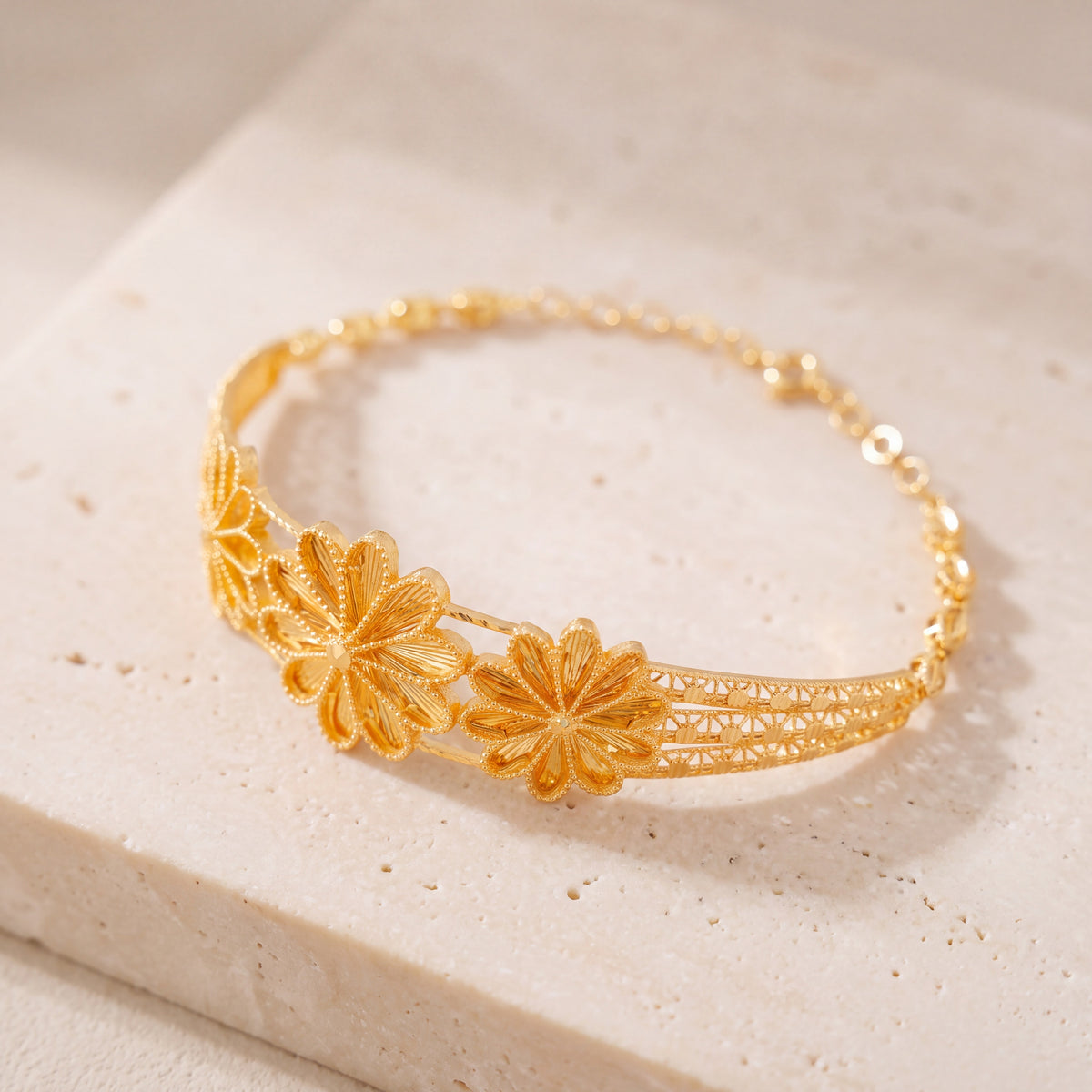 Diamond Cut Flower Cuff Bracelet (D3) on travertine
