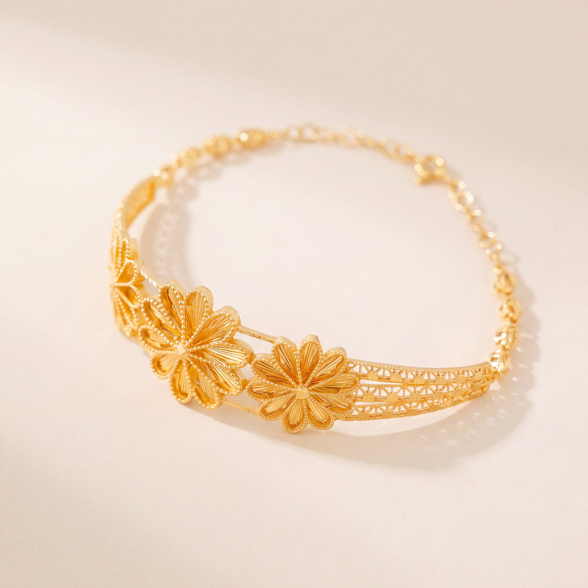 Diamond Cut Flower Cuff Bracelet (D3), 925 silver 24K gold plated