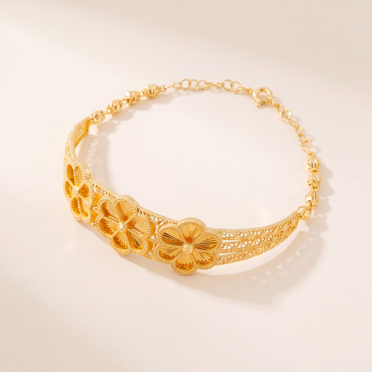 Diamond Cut Flower Cuff Bracelet (D4), 925 silver 24K gold plated