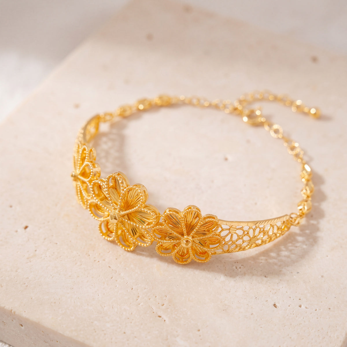 Diamond Cut Flower Cuff Bracelet (D5) on travertine
