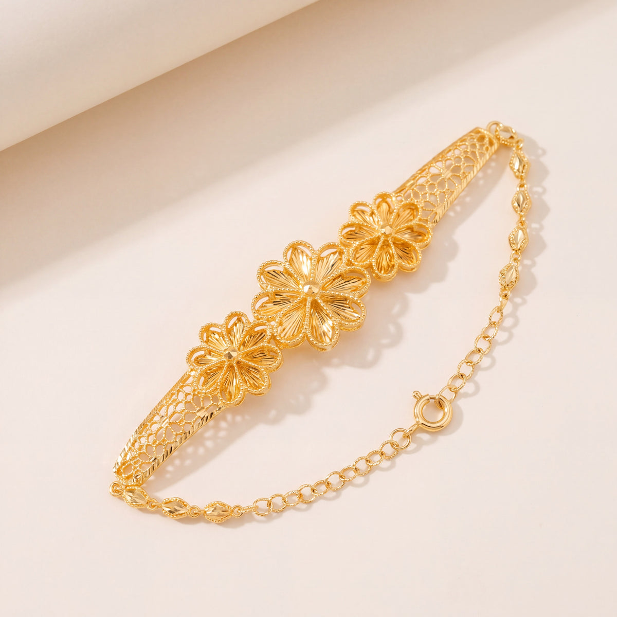 Diamond Cut Flower Cuff Bracelet (D5), 925 silver 24K gold plated