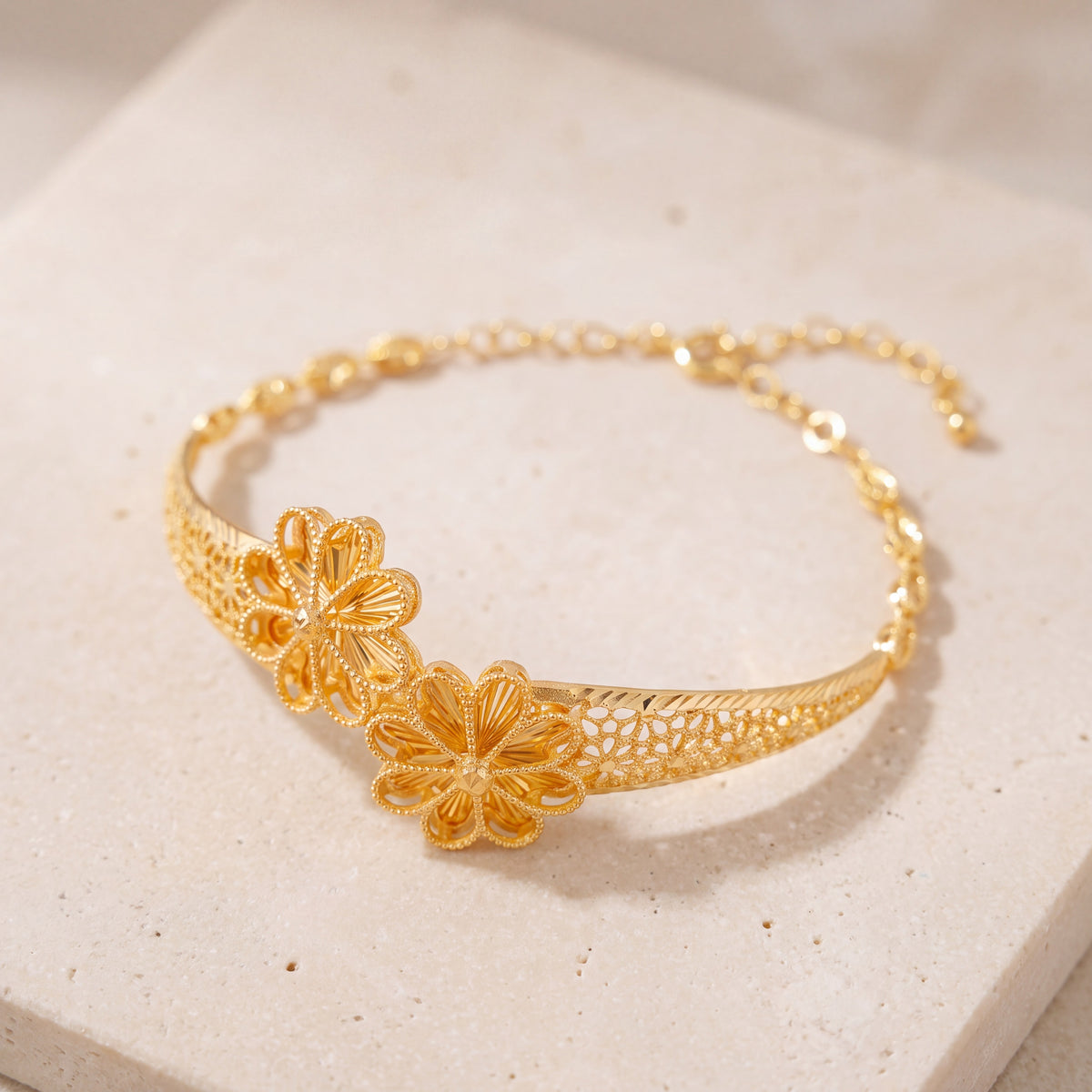 Diamond Cut Flower Cuff Bracelet (D6) on travertine
