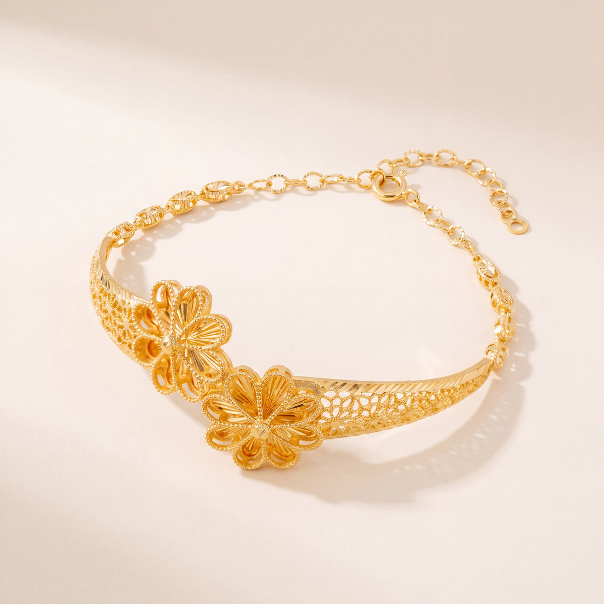 Diamond Cut Flower Cuff Bracelet (D6), 925 silver 24K gold plated