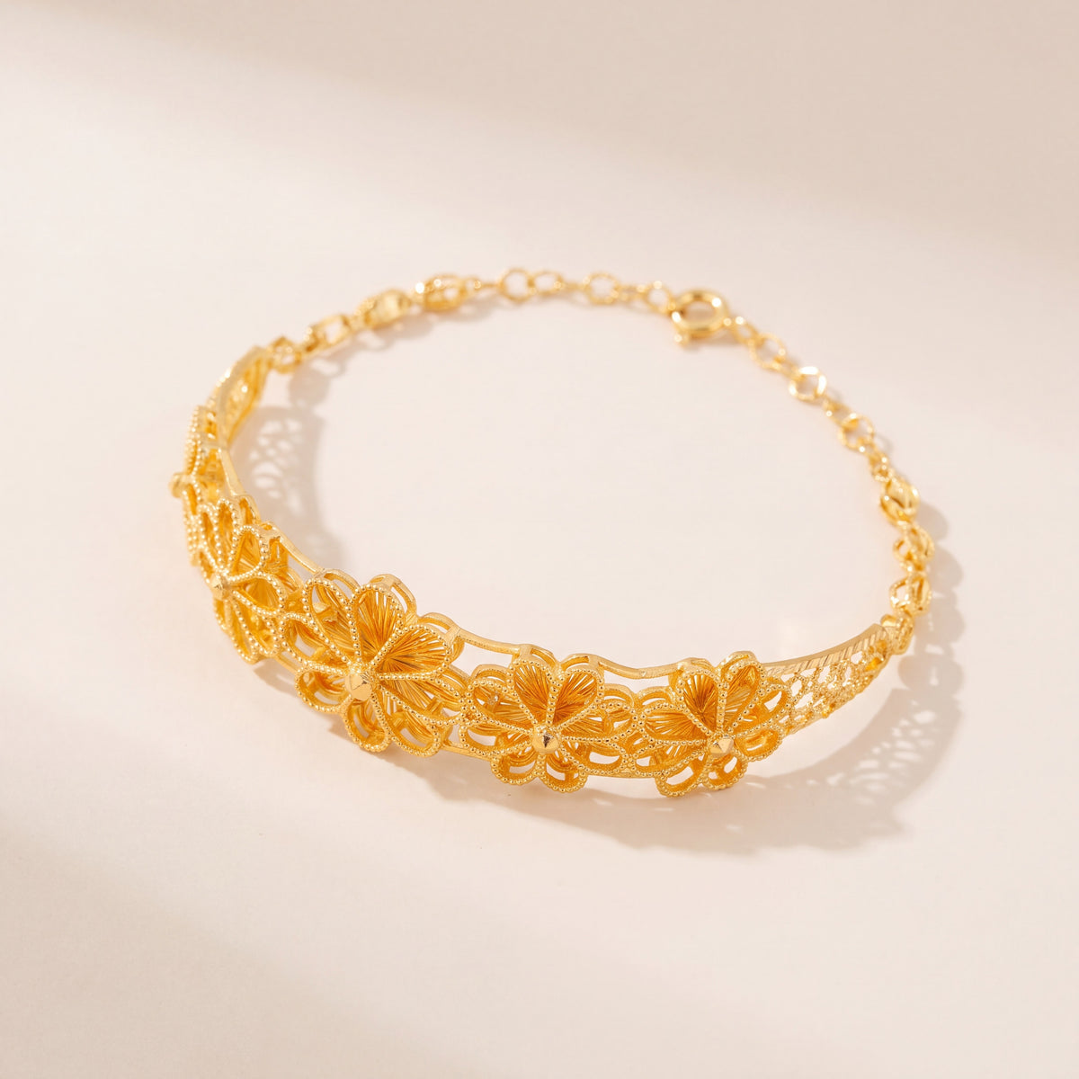 Diamond Cut Flower Cuff Bracelet (D7), 925 silver 24K gold plated