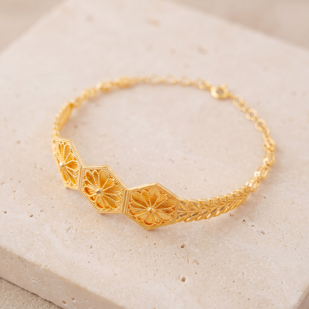Diamond Cut Hexa Cuff Bracelet (D1) on travertine