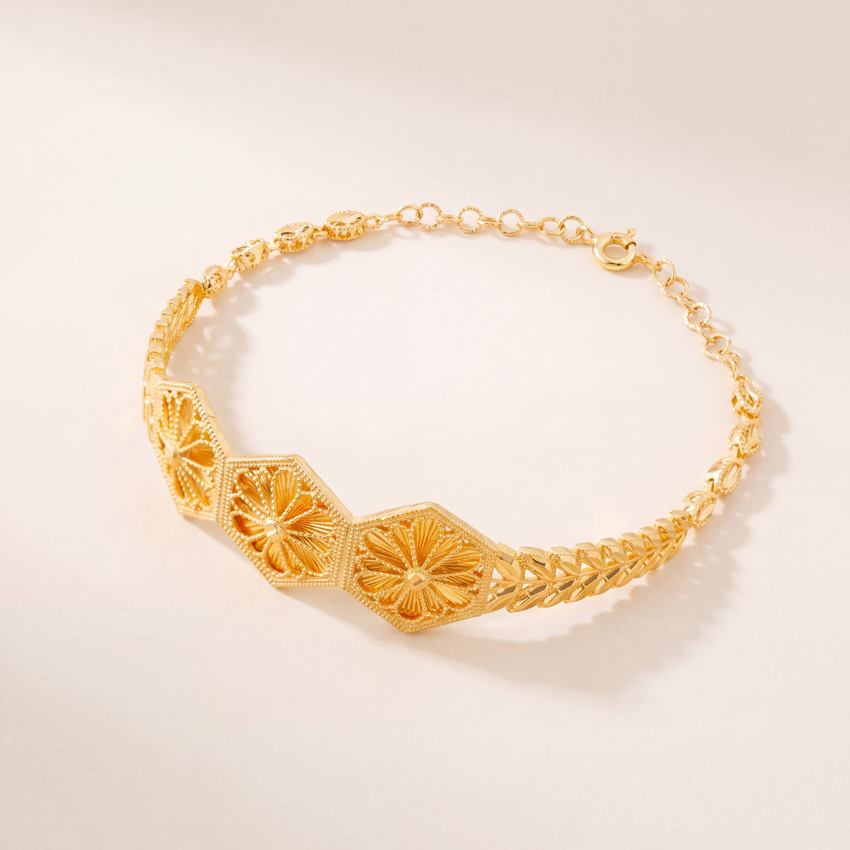 Diamond Cut Hexa Cuff Bracelet (D1), 925 silver 24K gold plated