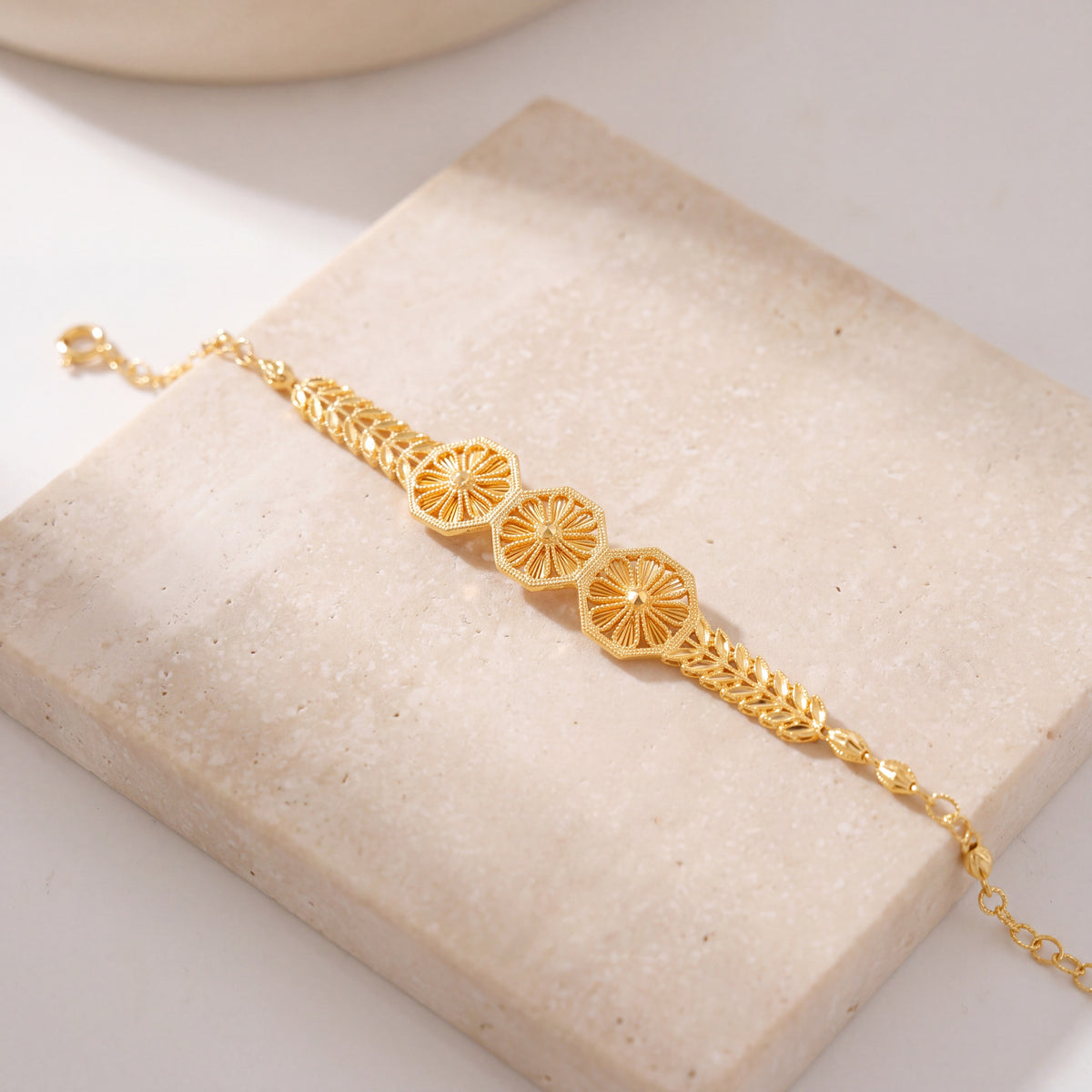 Diamond Cut Hexa Cuff Bracelet (D2) on travertine