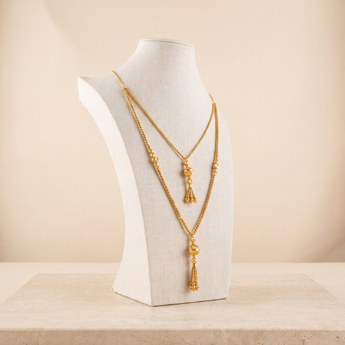 2 Line RP Beads Mala Necklace 1 on travertine