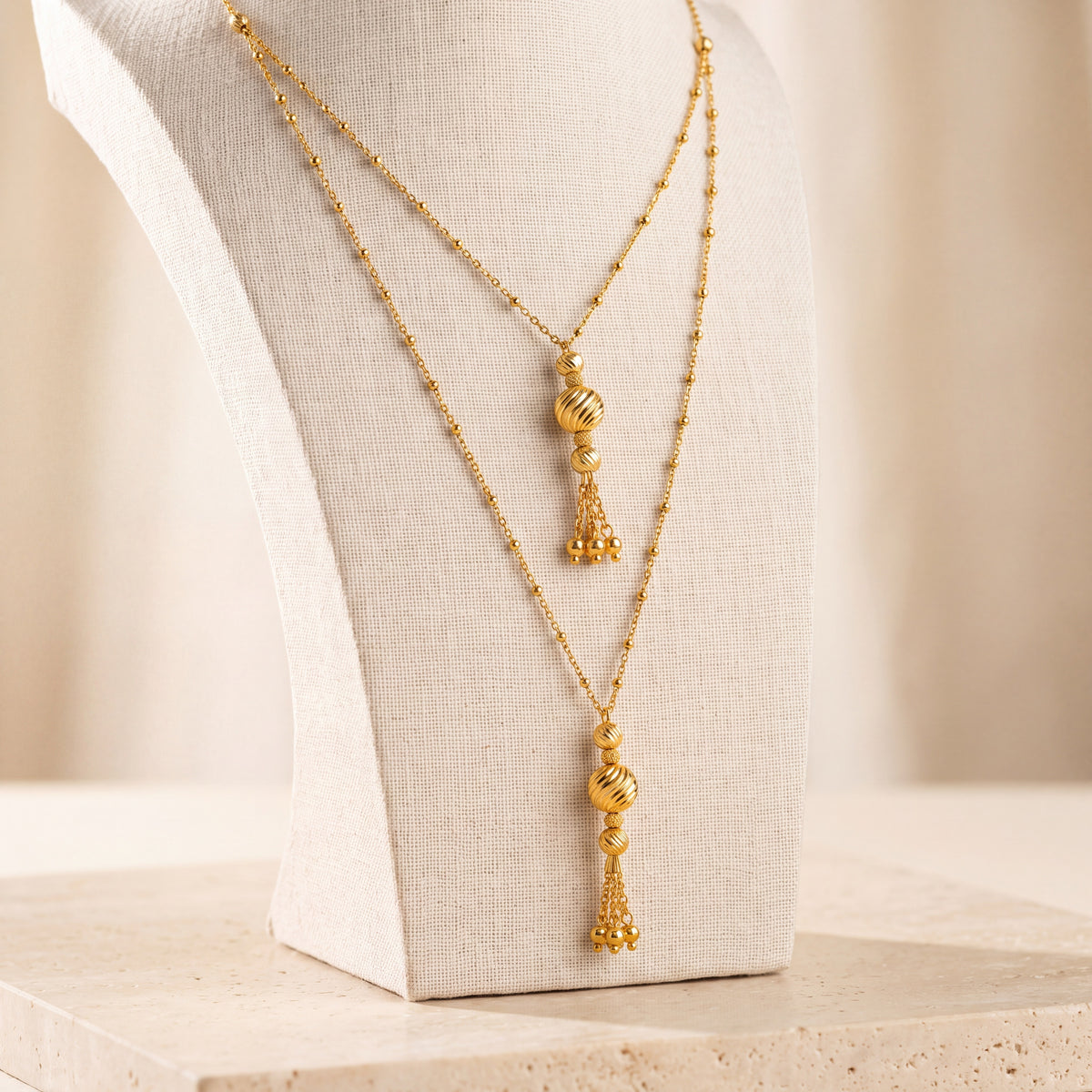 2 Line RP Beads Mala Necklace 11 on travertine