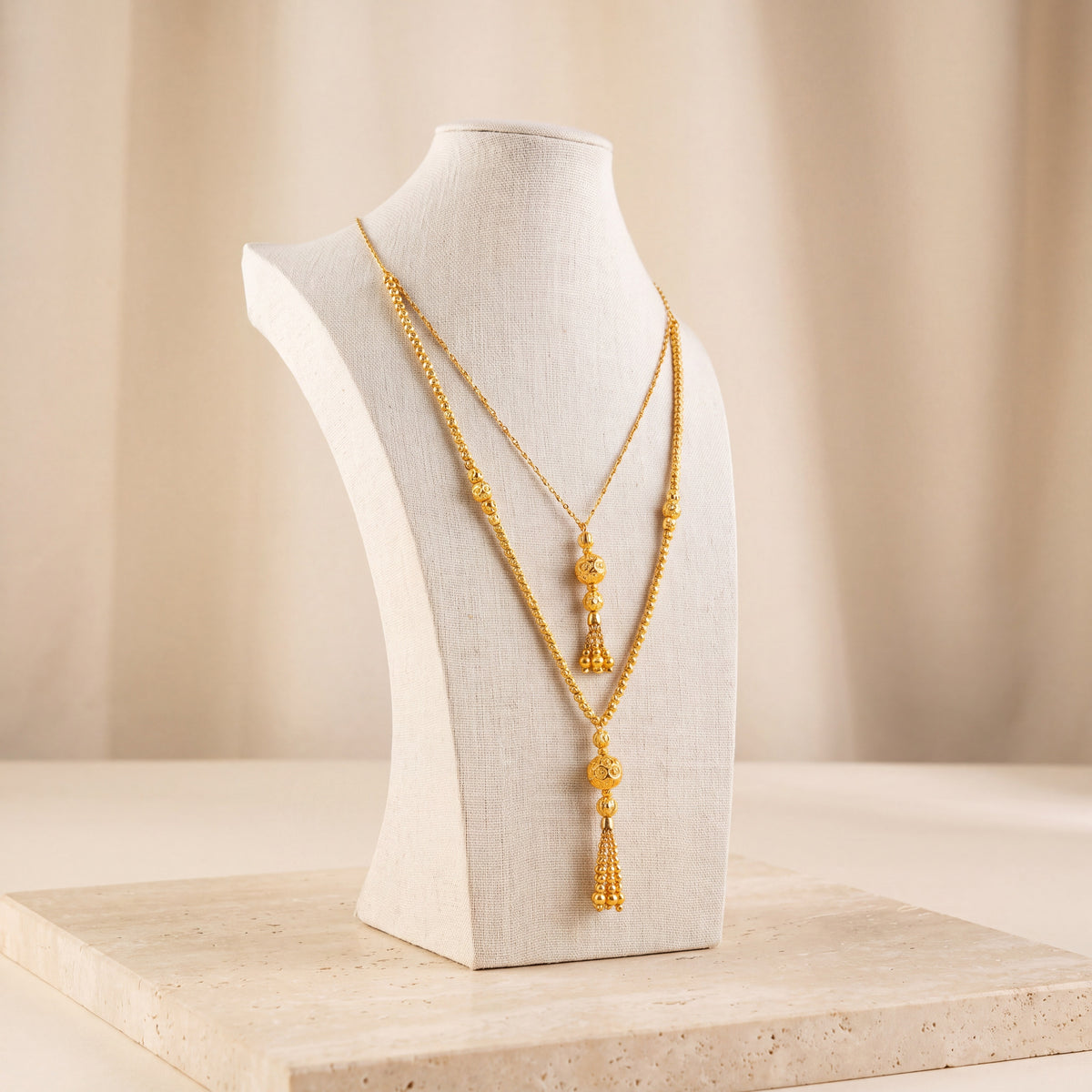 2 Line RP Beads Mala Necklace 12 on travertine