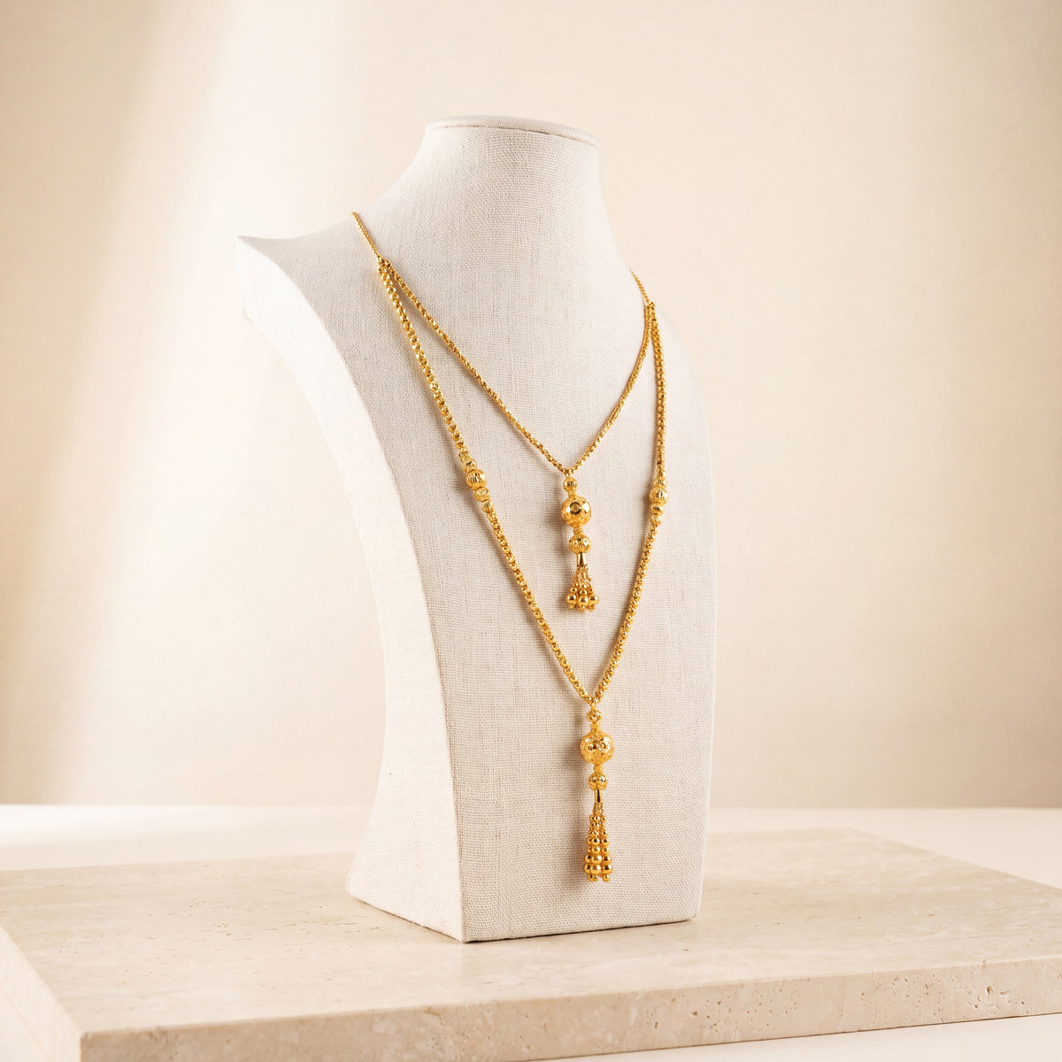 2 Line RP Beads Mala Necklace 2 on travertine