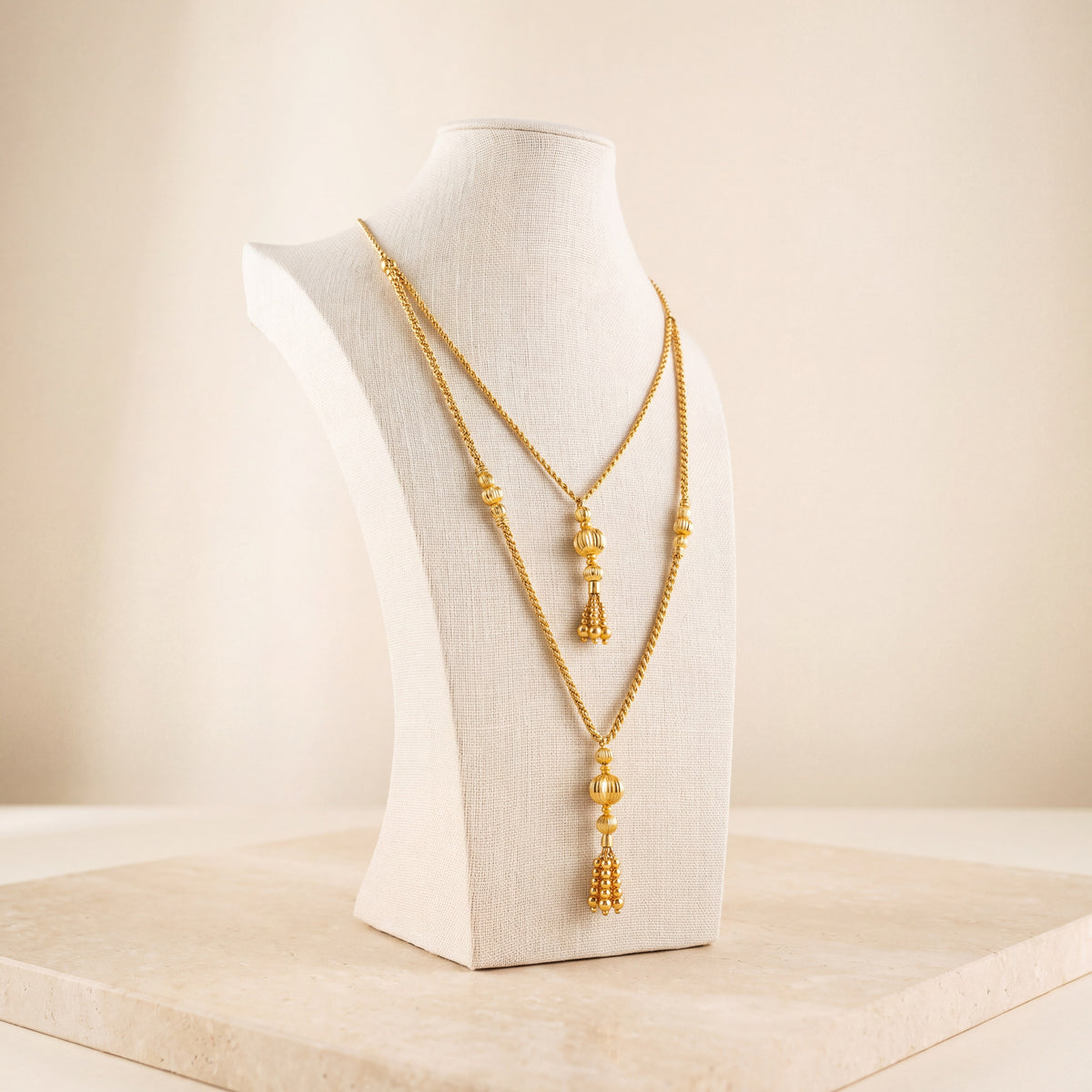 2 Line RP Beads Mala Necklace 4 on travertine