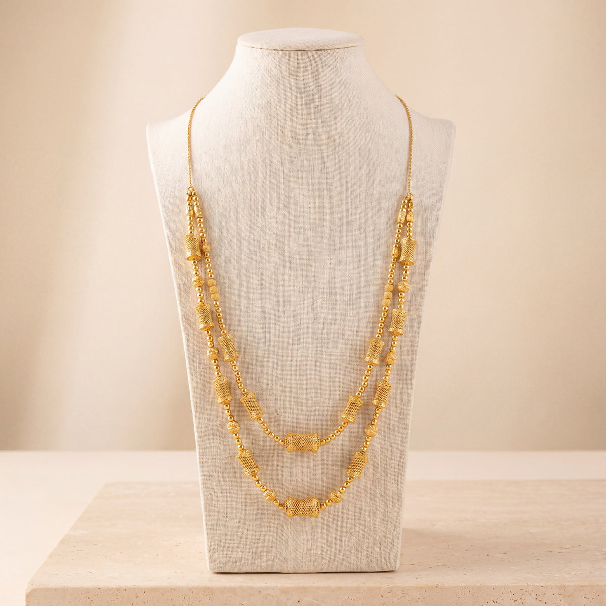 2 Line RP Mala Necklace 1 on travertine