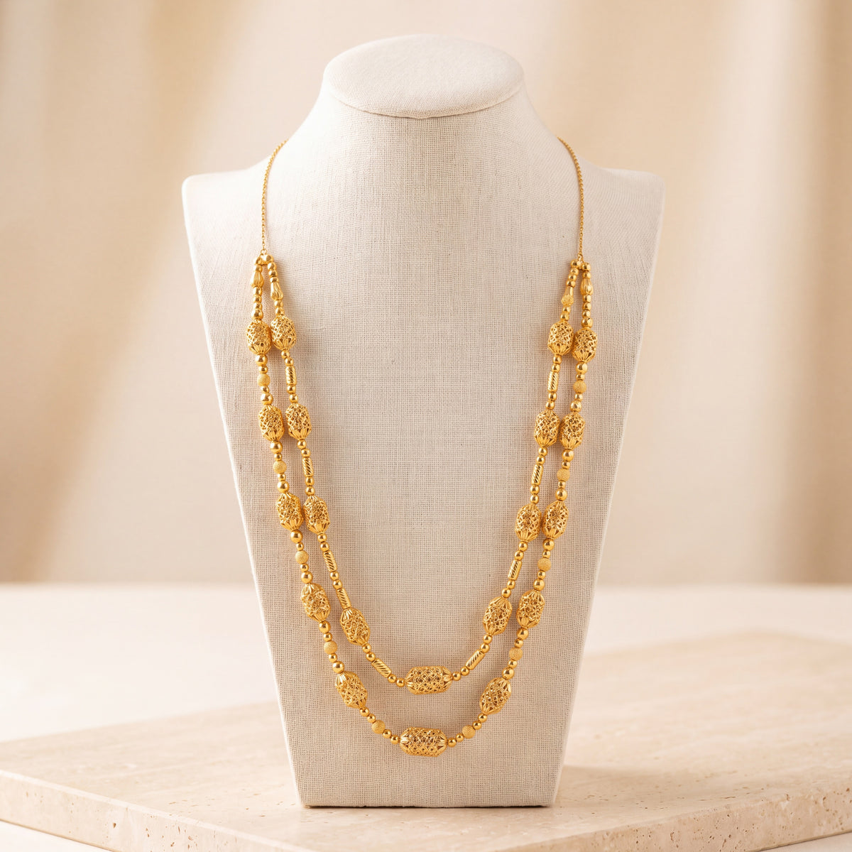 2 Line RP Mala Necklace 3 on travertine