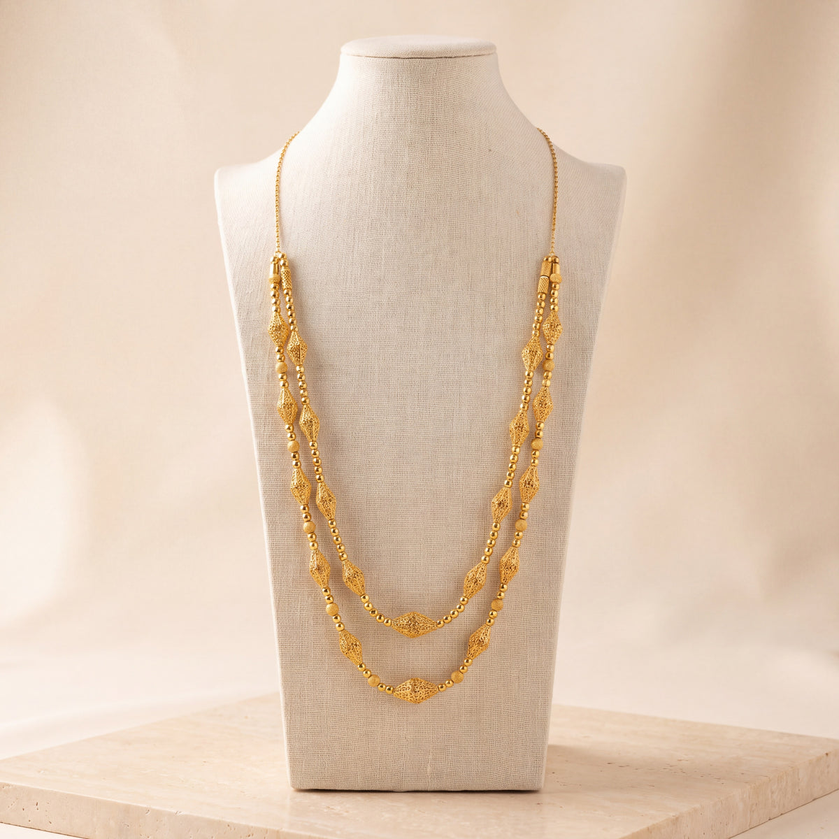 2 Line RP Mala Necklace 6 on travertine