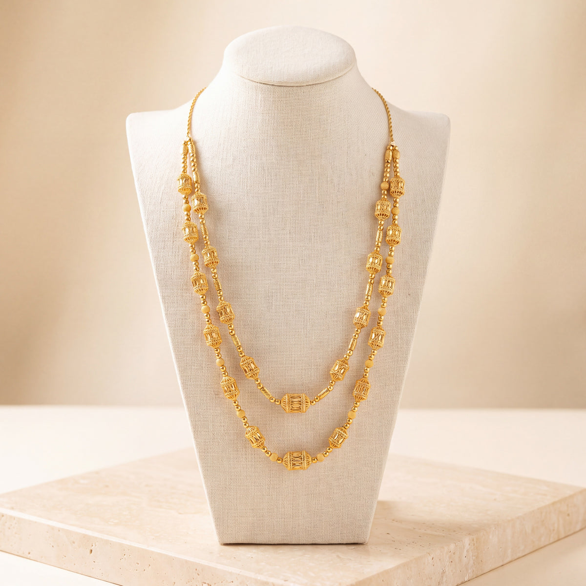 2 Line RP Mala Necklace 7 on travertine