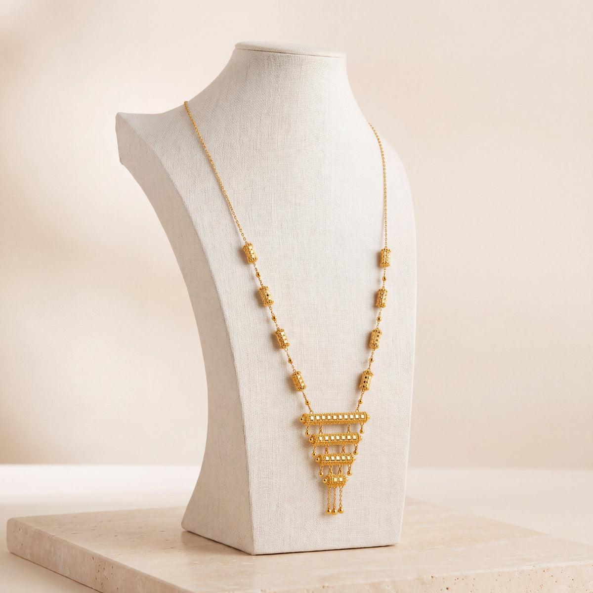 4 Step Mala Necklace 12 on travertine