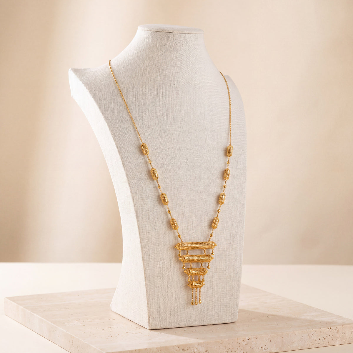 4 Step Mala Necklace 14 on travertine