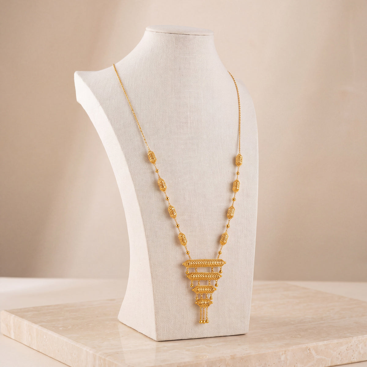 4 Step Mala Necklace 16 on travertine