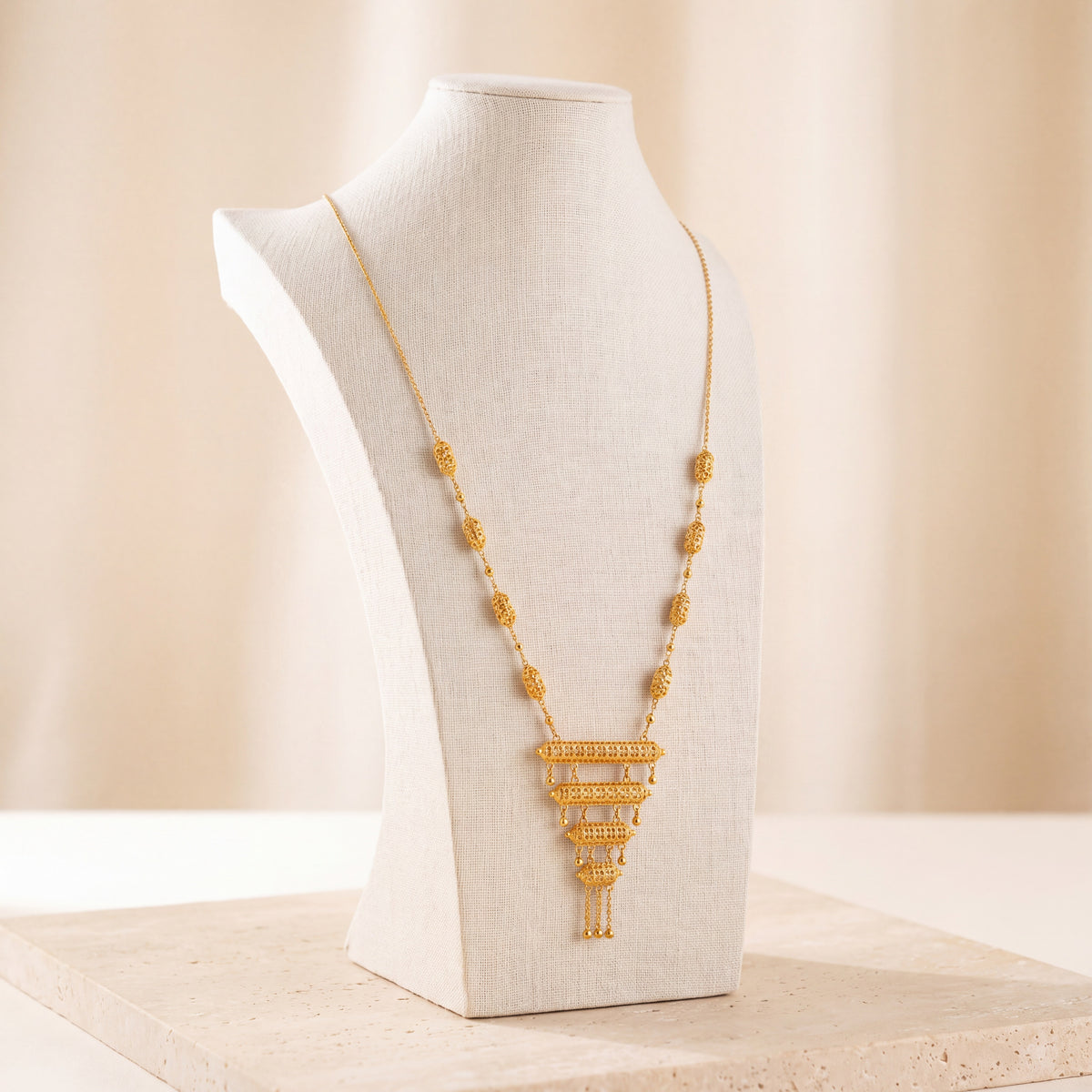 4 Step Mala Necklace 4 on travertine