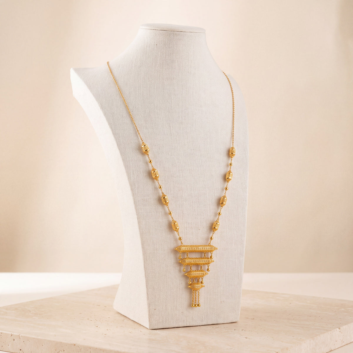 4 Step Mala Necklace 9 on travertine
