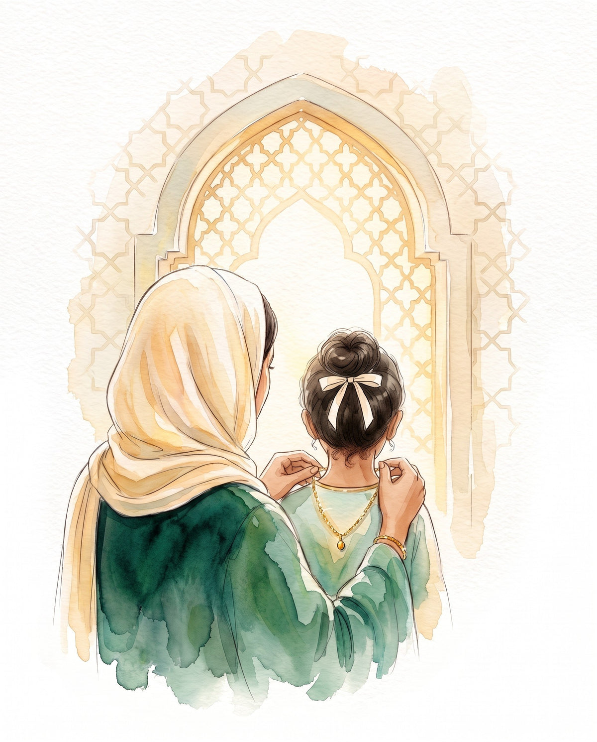 A mother fastening a gold necklace on her daughter