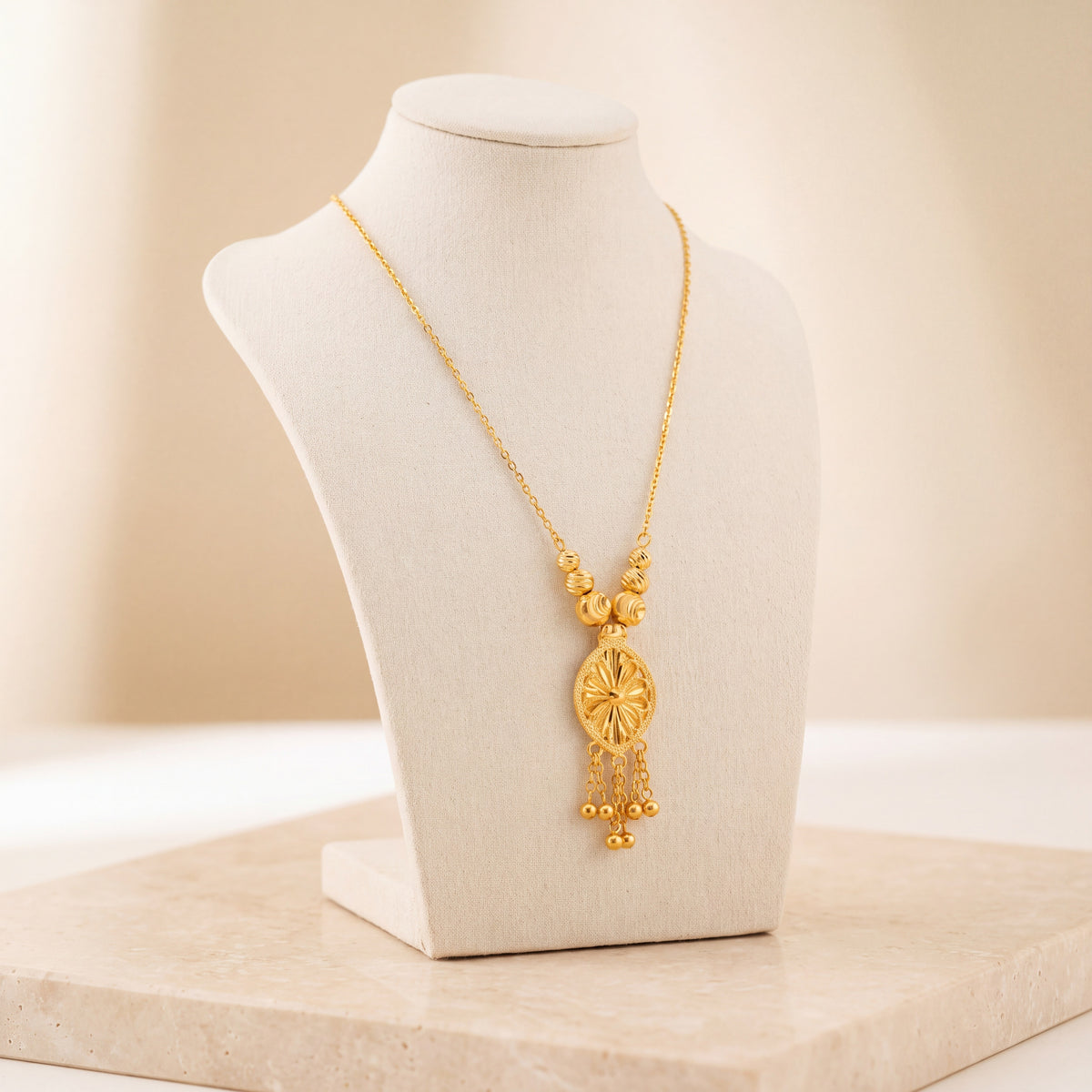 Diamond Cut Marquise Mala Necklace 1 on travertine