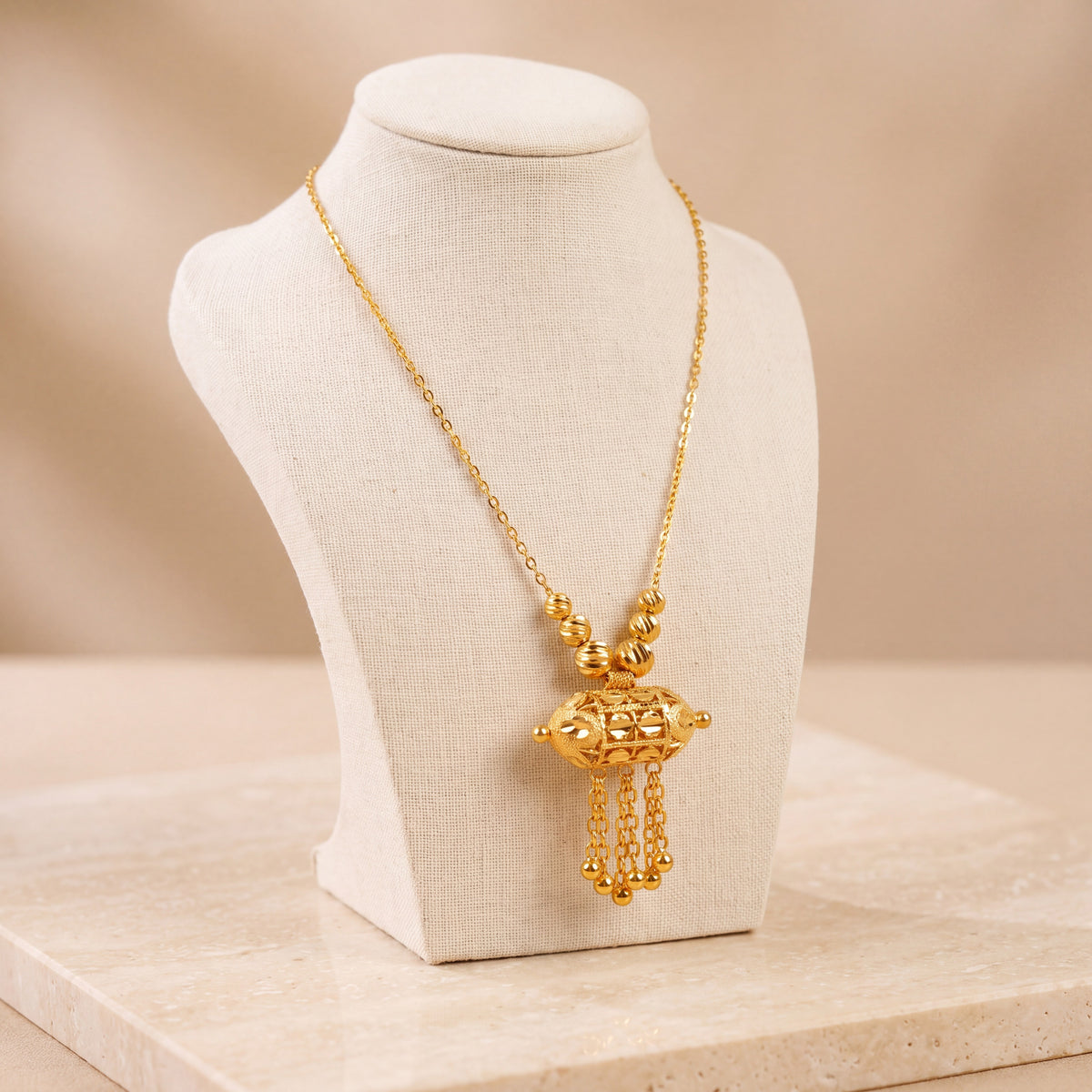 Kids Barrel Mala Necklace 1 on travertine