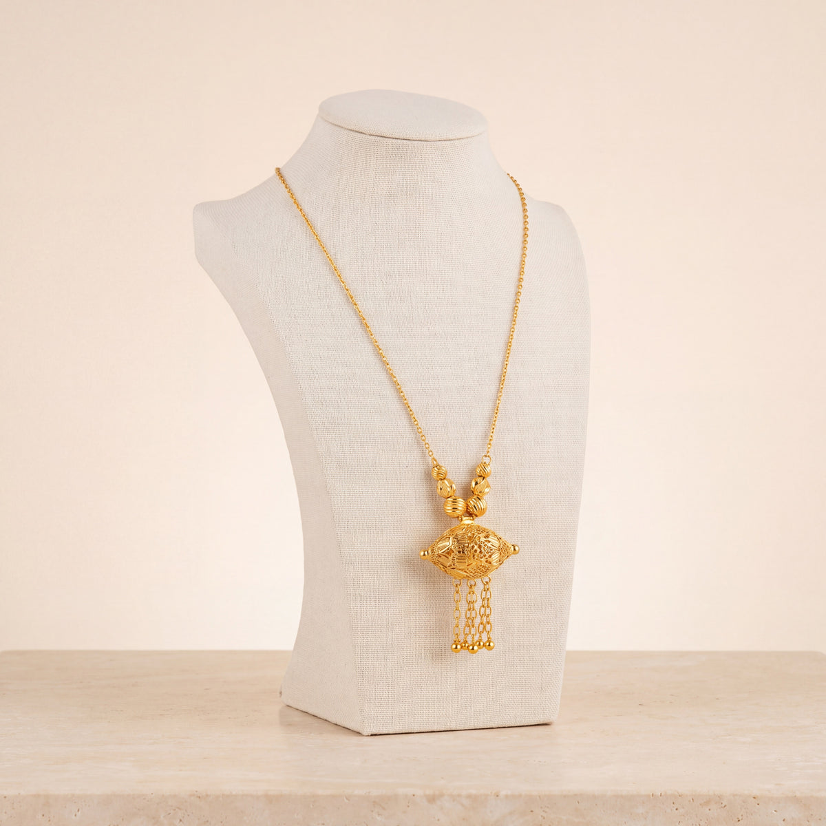 Kids Barrel Mala Necklace 23 on travertine