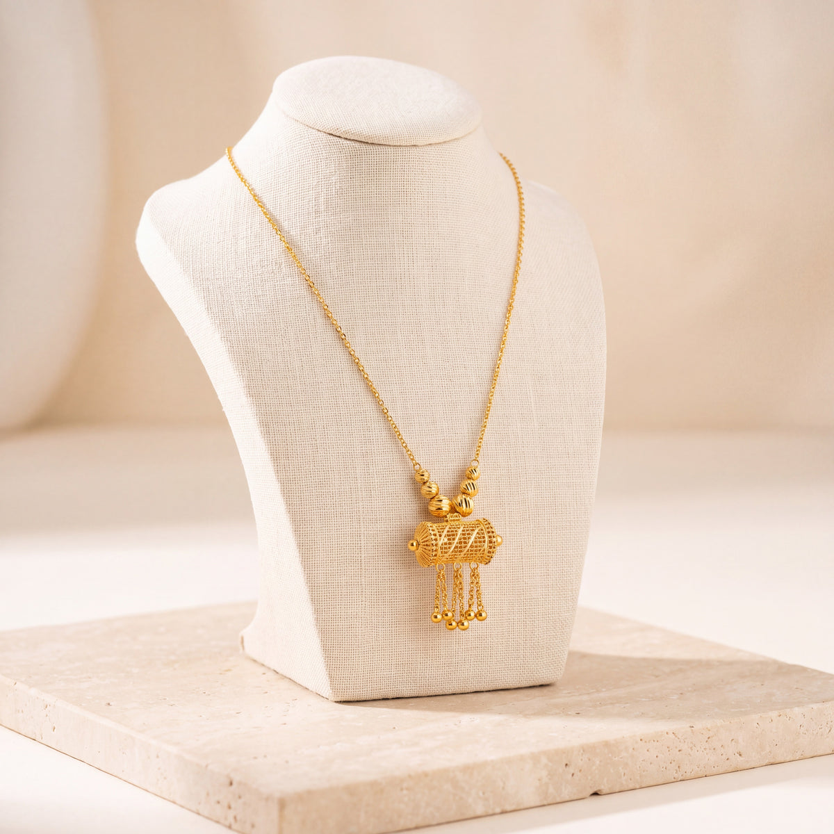 Kids Barrel Mala Necklace 29 on travertine