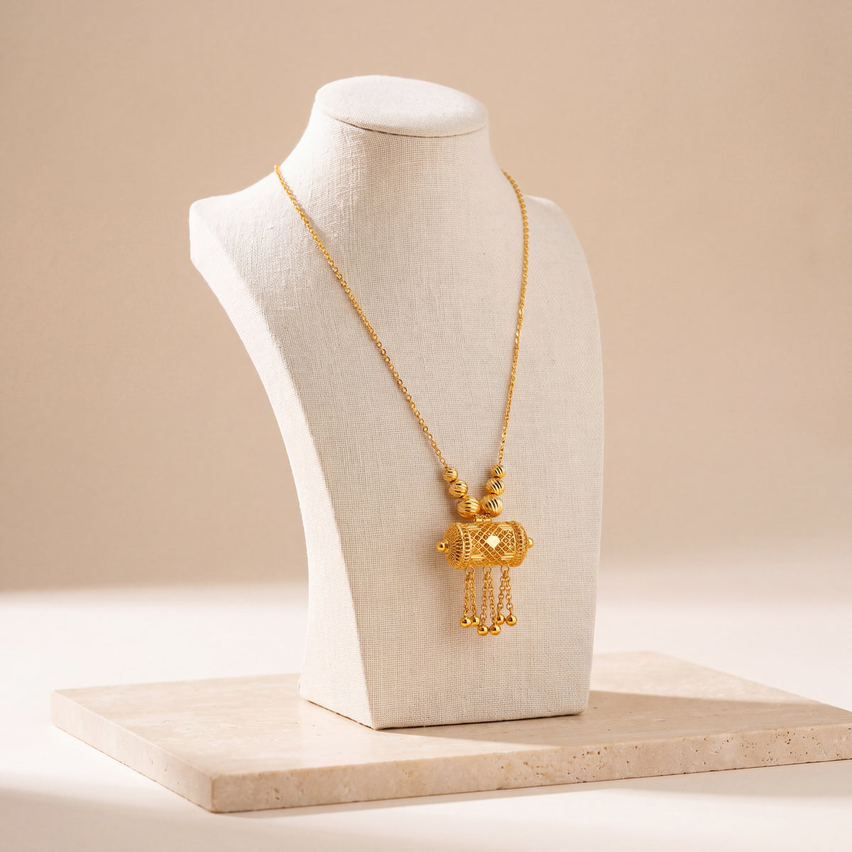 Kids Barrel Mala Necklace 33 on travertine