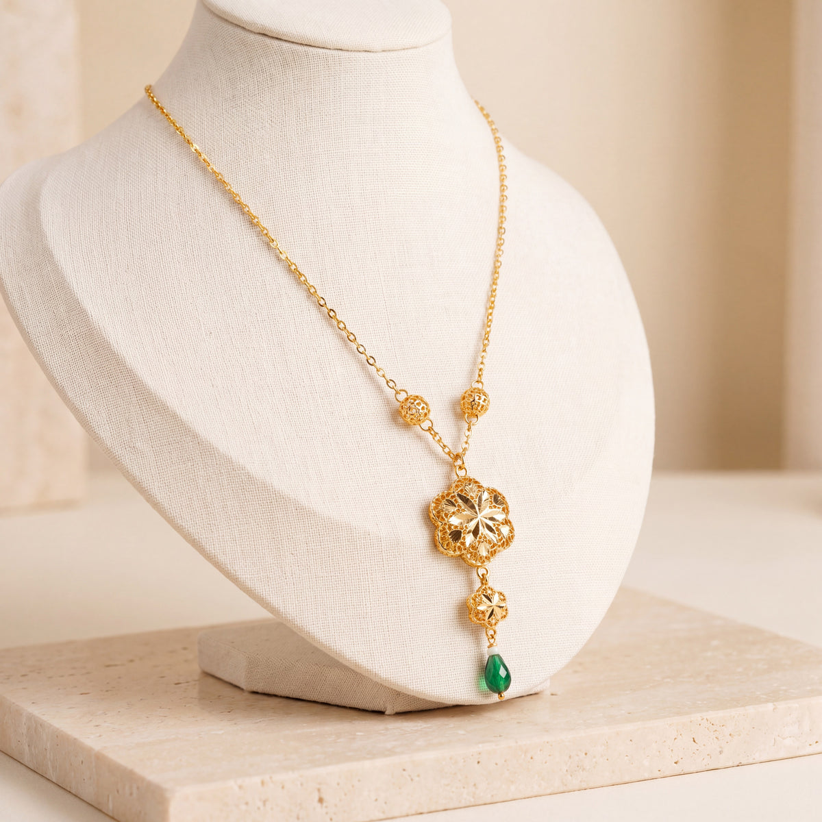 Kids Double Clover Mala Necklace with Stone – Green stone, on travertine