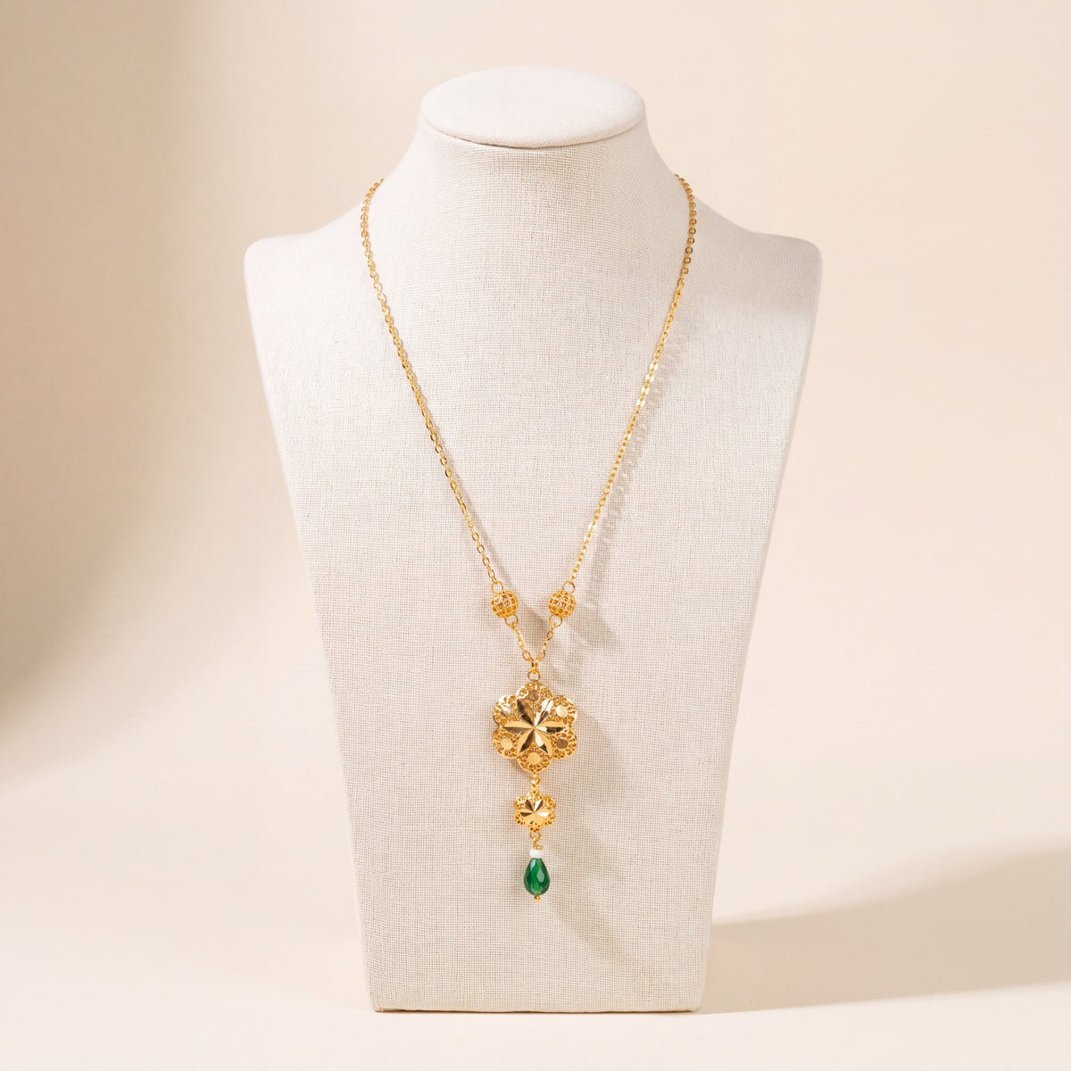 Kids Double Clover Mala Necklace with Stone – Green stone, 925 silver 24K gold plated