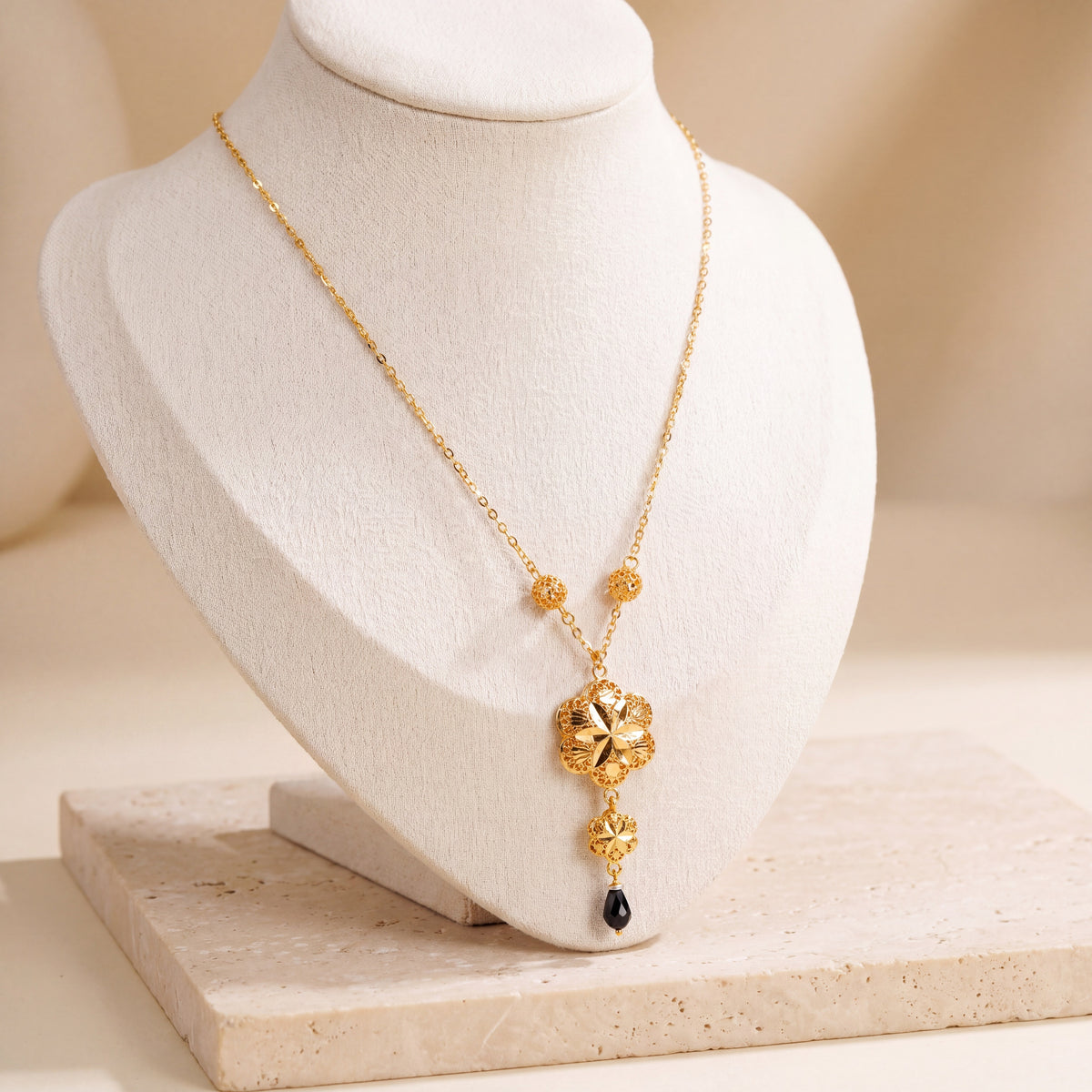 Kids Double Clover Mala Necklace with Stone – Black stone, on travertine