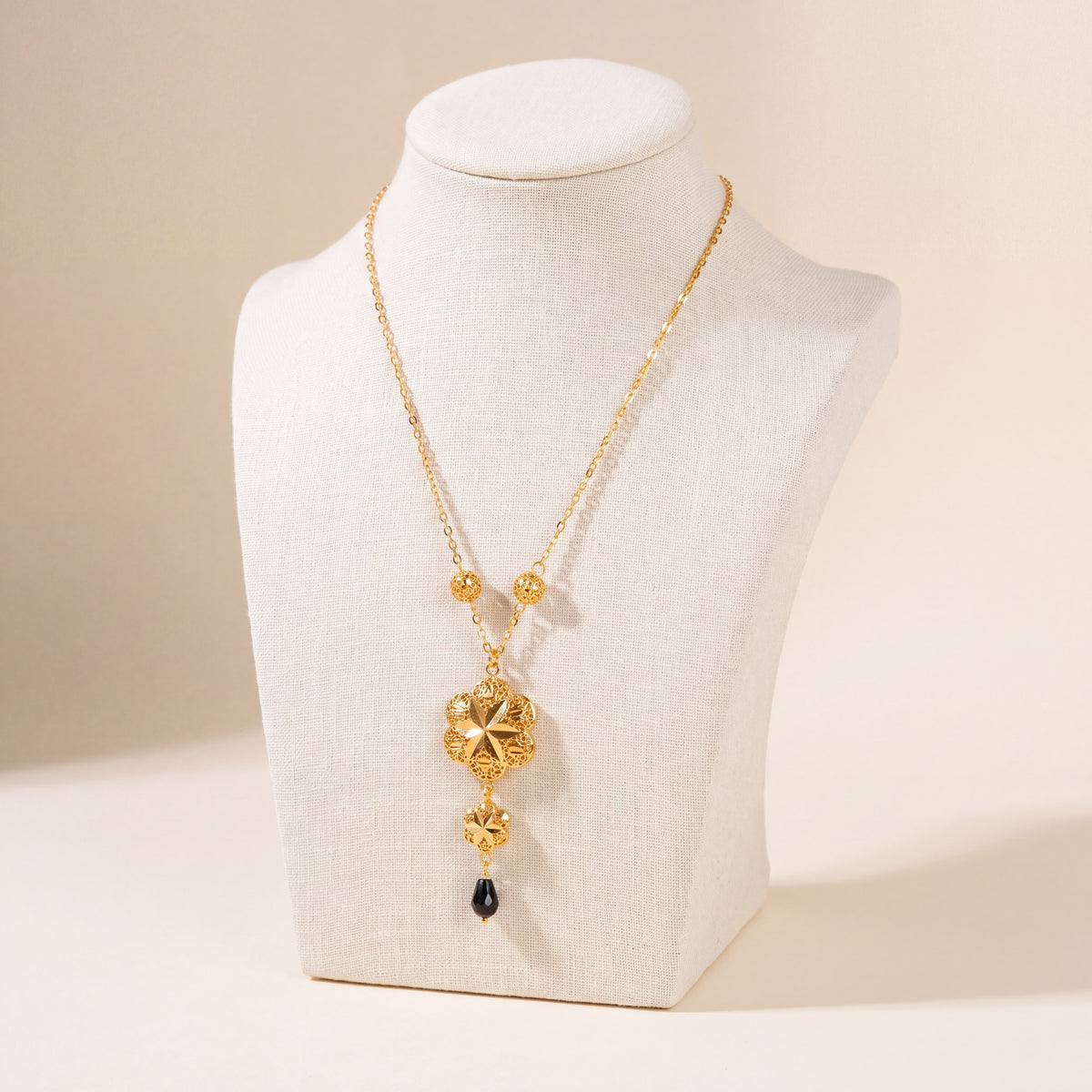 Kids Double Clover Mala Necklace with Stone – Black stone, 925 silver 24K gold plated