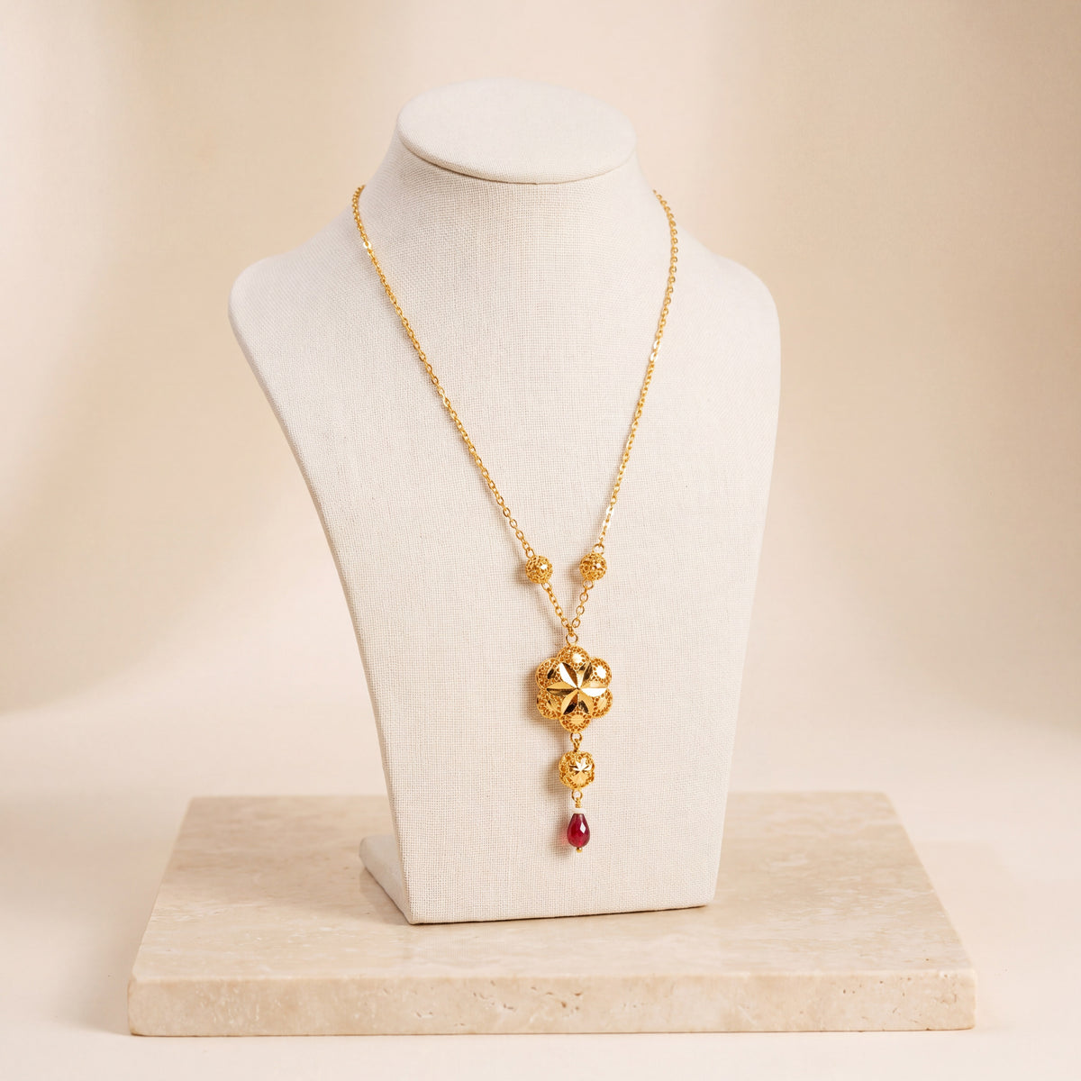 Kids Double Clover Mala Necklace with Stone – Red stone, on travertine
