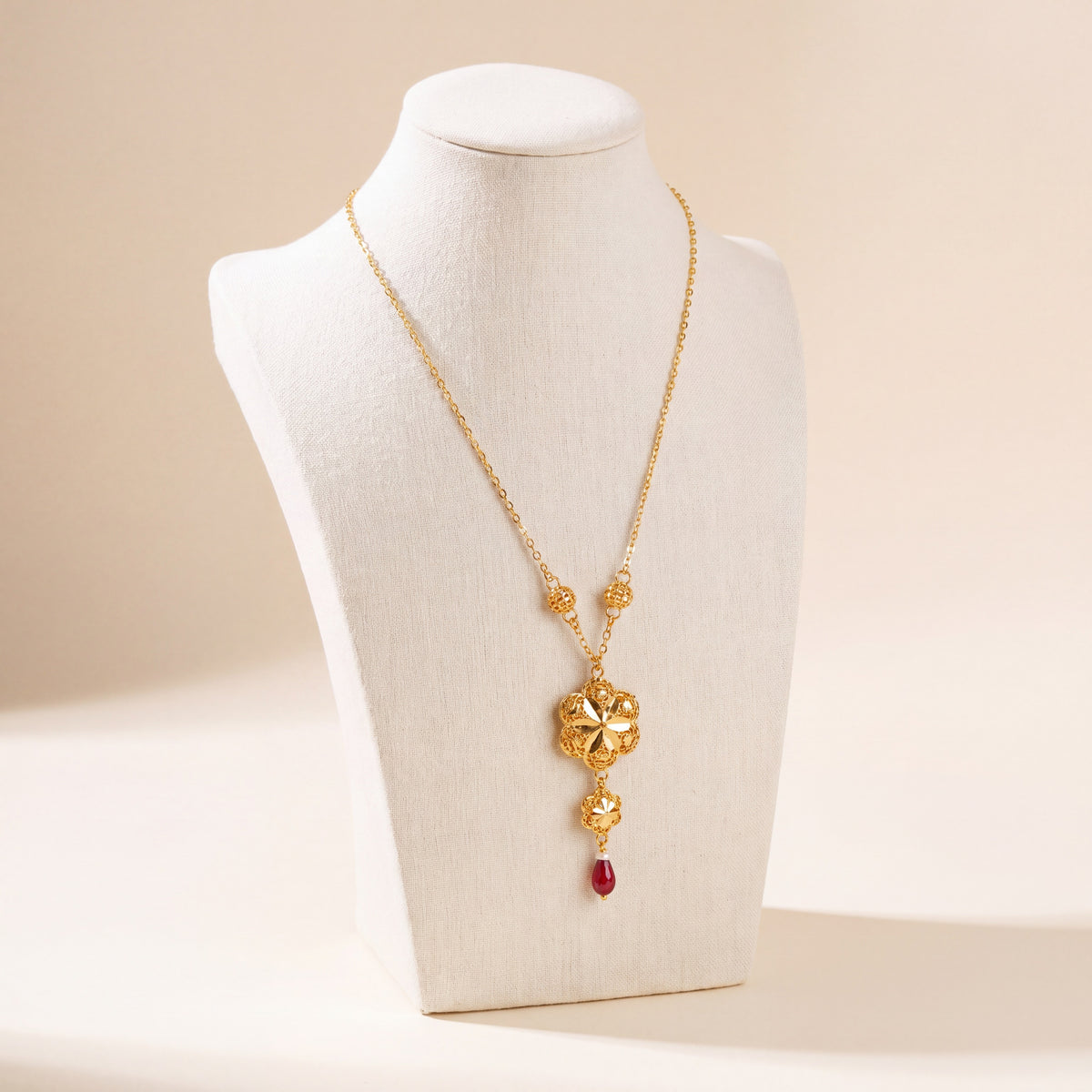 Kids Double Clover Mala Necklace with Stone – Red stone, 925 silver 24K gold plated