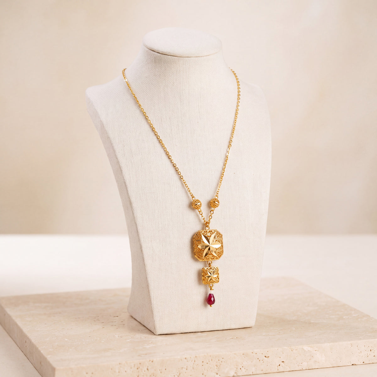 Kids Double Frame Mala Necklace with Stone – Red stone, on travertine