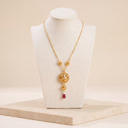 Kids Double Sphere Mala Necklace with Stone – Red stone, on travertine