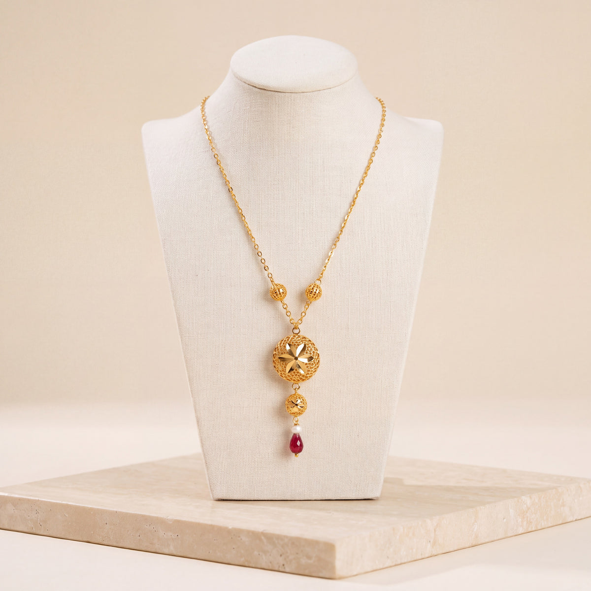 Kids Double Sphere Mala Necklace with Stone – Red stone, on travertine
