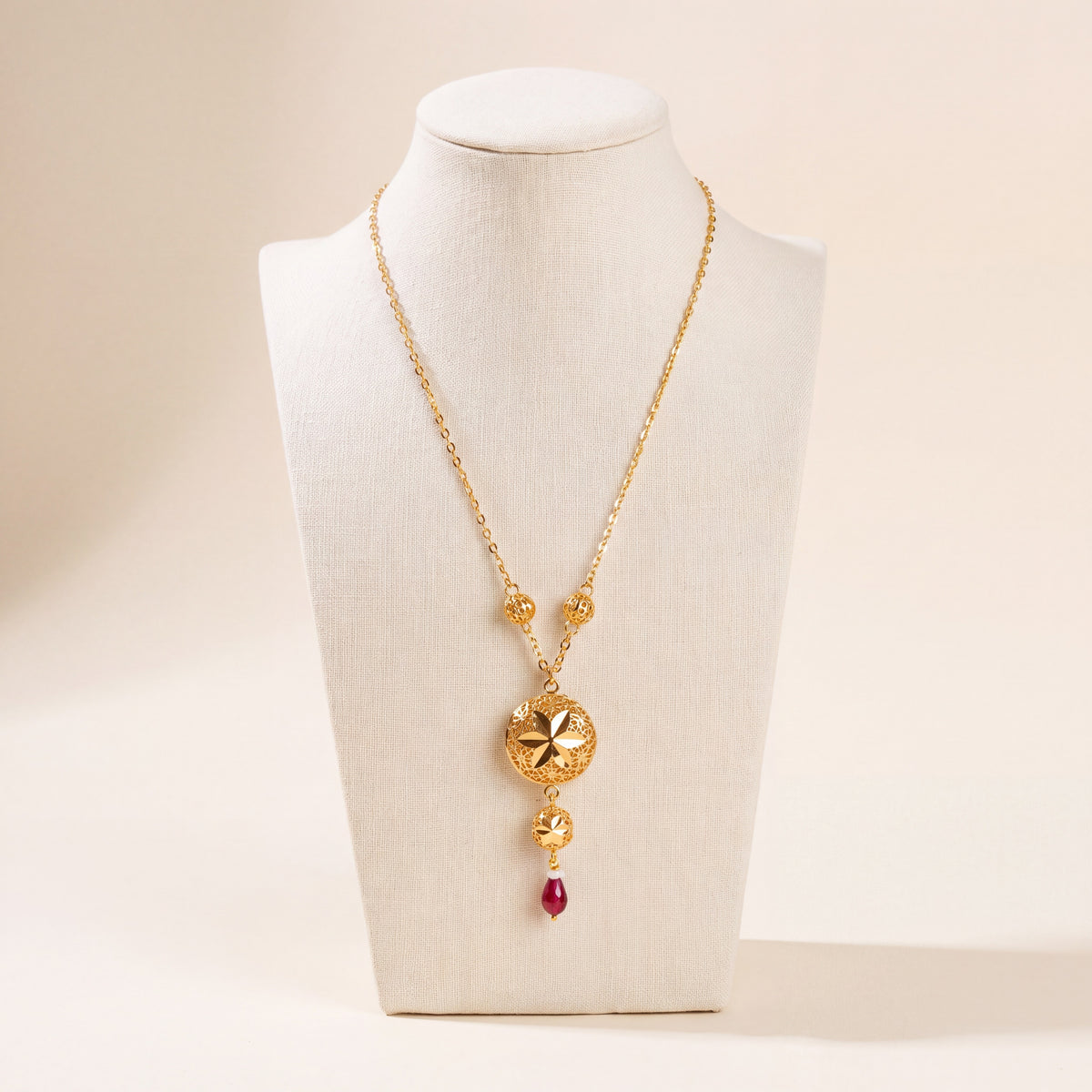 Kids Double Sphere Mala Necklace with Stone – Red stone, 925 silver 24K gold plated