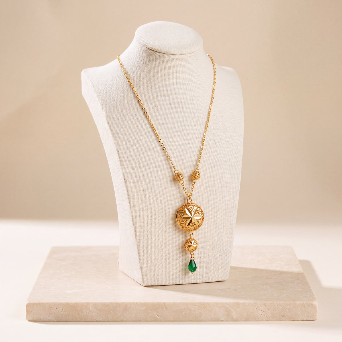 Kids Double Sphere Mala Necklace with Stone – Green stone, on travertine