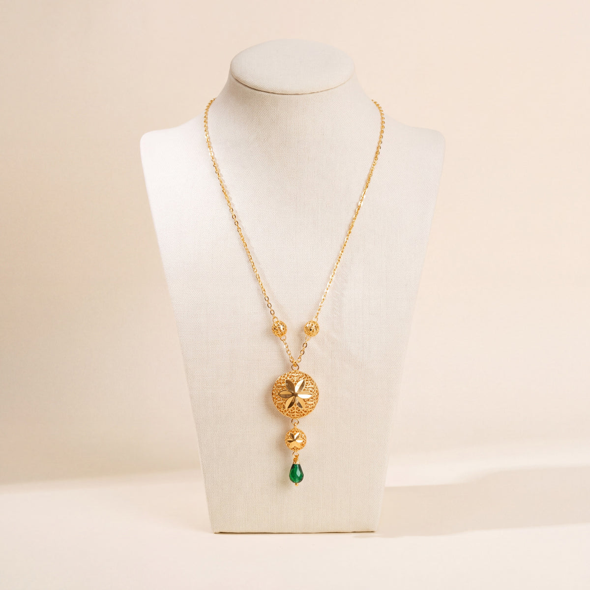 Kids Double Sphere Mala Necklace with Stone – Green stone, 925 silver 24K gold plated