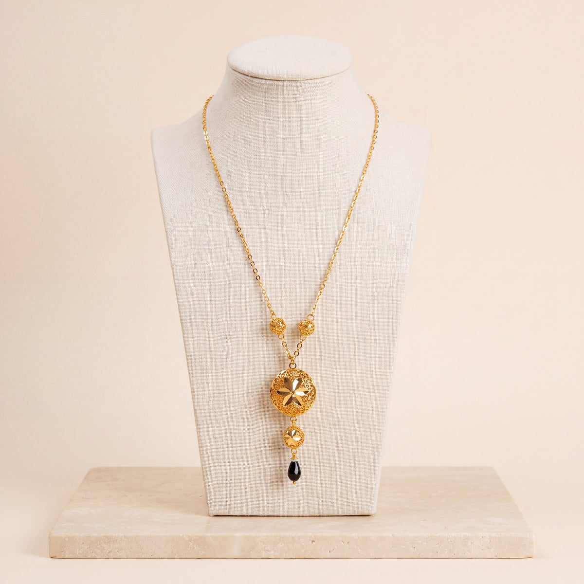 Kids Double Sphere Mala Necklace with Stone – Black stone, on travertine