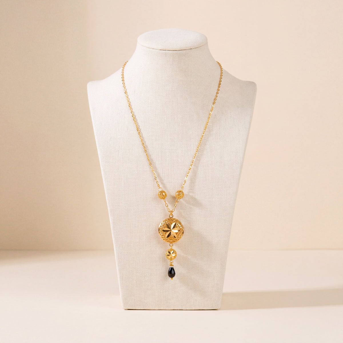 Kids Double Sphere Mala Necklace with Stone – Black stone, 925 silver 24K gold plated