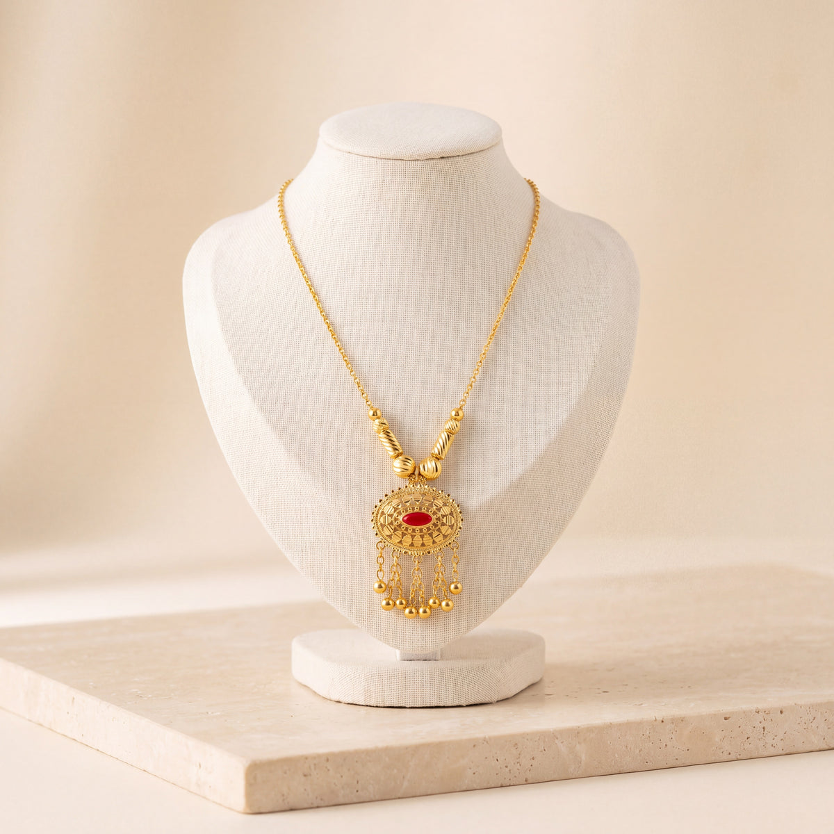 Kids Enamel Mina Mala Necklace 2 – Red stone, on travertine